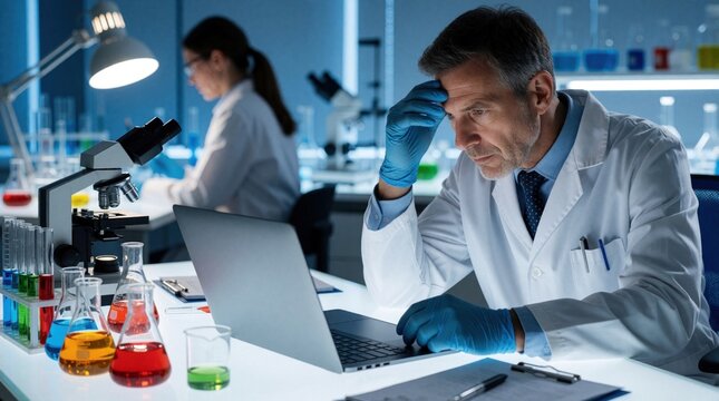 Scientist looks stressed reviewing data on laptop in lab. Microscope test tubes with colorful liquids nearby. Female colleague works in background.