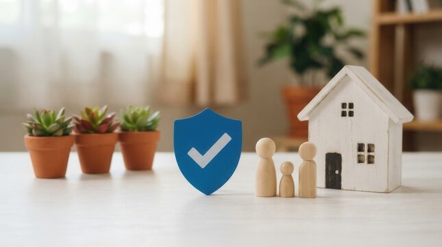 Wooden Family Figures Home Insurance Shield Concept with White House, Succulents, and Blue Security Icon