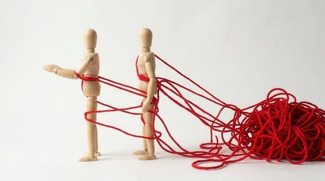 Wooden figures connected by a tangled red string symbolizing miscommunication and tension in complex partnerships.
