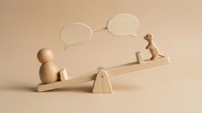 Wooden Figures Fair Negotiation on Seesaw with Empty Speech Bubbles