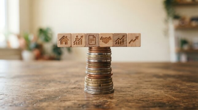 Wooden Table Financial Growth Concept with Icon Blocks and Coin Stack