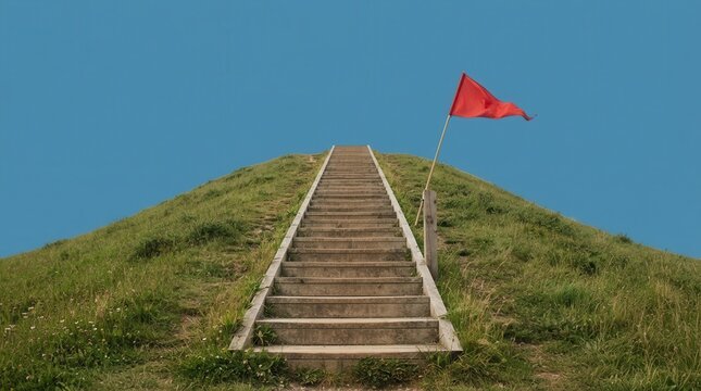 Wooden Steps Leading to Red Flag Target on Blue Background, Business Goal Achievement via Progress Stairs