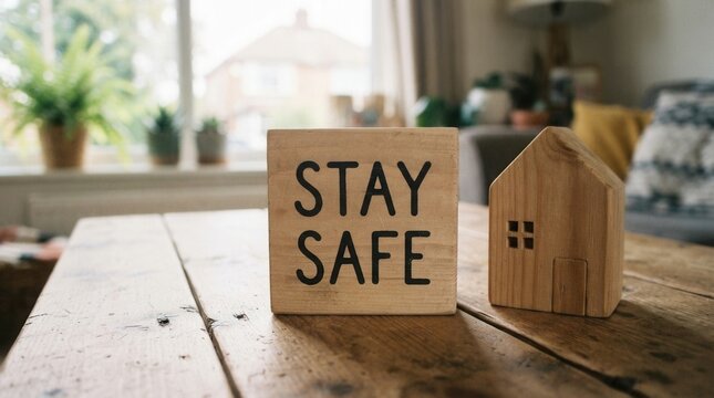 Wooden Table with Encouraging Message STAY SAFE and Mini Toy House - Positive Room Vibe
