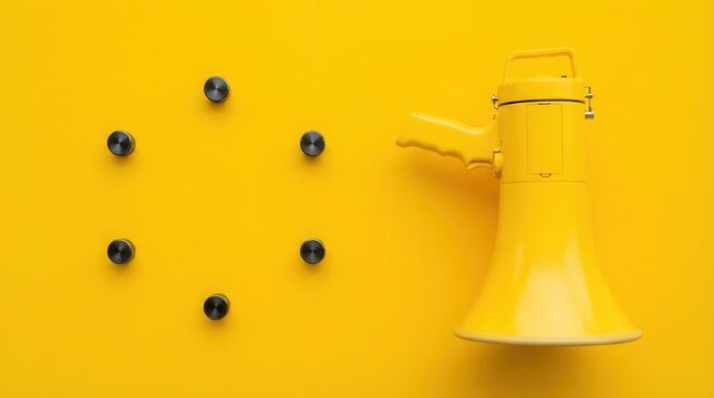 Yellow megaphone communication concept with powerful authority pins on bright yellow background