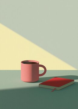 Minimalistic illustration of a pink mug and a red notebook on a green surface. the mug is placed on the left side of the image, with the notebook on the right side.