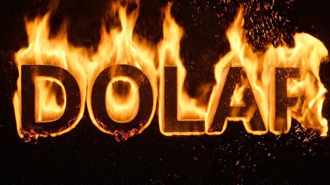 Dolar text burning with dramatic fire and embers in dark cinematic motion