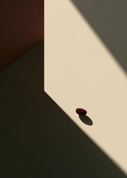 Close-up of a single red object on a white surface. the object appears to be a small, oval-shaped object with a smooth surface.
