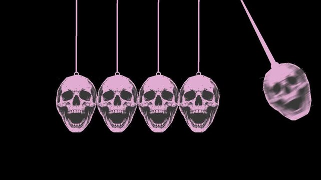 Of a surreal newton's cradle featuring hanging pink human skulls swaying against a deep black background as a conceptual motion element animation swinging pendulum background conceptual