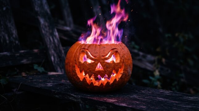 Jack o lantern with purple magical fire flames