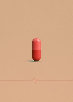 Minimalistic illustration of a red capsule on a beige background. the capsule is in the center of the image and is positioned in a way that it is facing towards the right side of the frame.