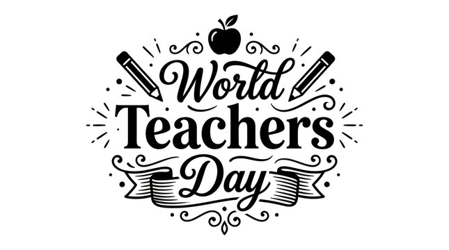 Black and white hand drawn typography design for world teachers day celebration with school supply icons