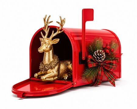 Golden reindeer figure inside a festive red mailbox decorated for Christmas
