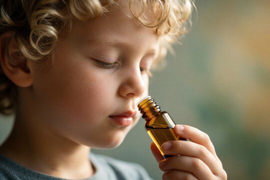 Young blonde boy smells essential oil from small amber glass bottle. Child sniffs aromatic fragrance for aromatherapy natural wellness. Close up portrait shows kid exploring scents of organic plant