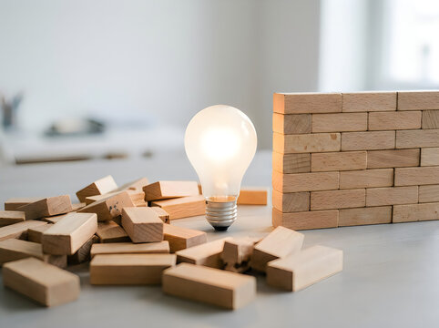 Glowing light bulb next to a wooden block wall and scattered blocks on a table