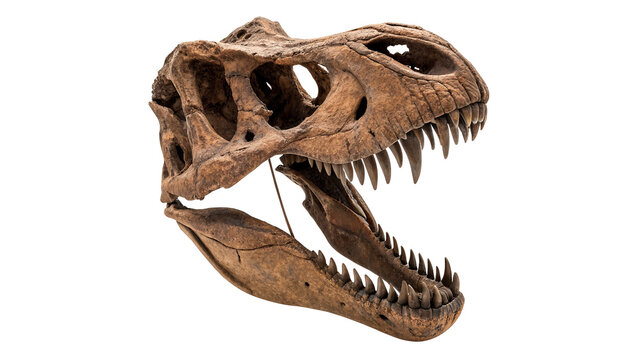Prehistoric ancient tyrannosaurus rex dinosaur skull fossil isolated on transparent background