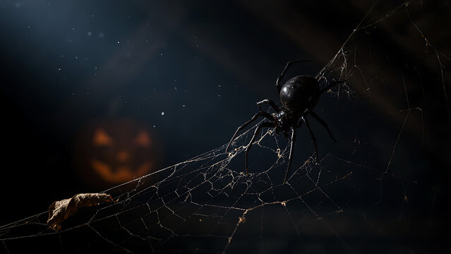 A black widow spider weaves its web in low light with a glowing jack-o'-lantern, created with generative AI for holiday banners.