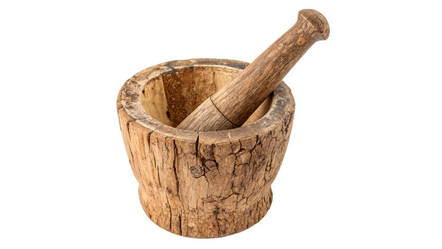 Traditional rustic wooden mortar and pestle isolated on transparent background