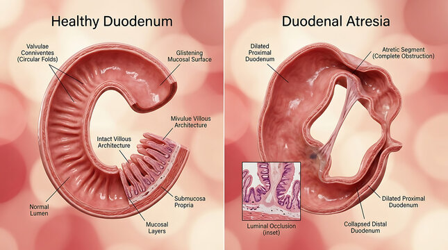 Healthy Duodenum Versus Duodenal Ulcer Punched-Out Defect and Fibrinoid Exudate