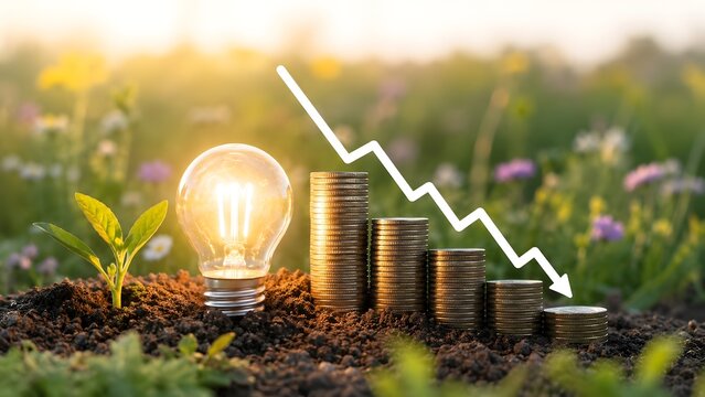 Sustainable energy savings concept showing plant and lightbulb with decreasing coins representing eco friendly cost reduction