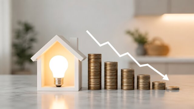 Residential household energy savings showing illuminated house model and declining coins for lower electricity bills