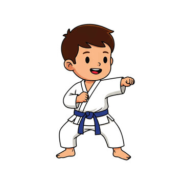 Cartoon illustration of a boy in a white karate gi and blue belt performing a punch.