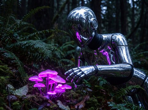 Futuristic android examines bioluminescent mushrooms in a dark, mystical forest.