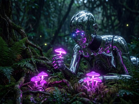 Futuristic Android Explores Bioluminescent Mushrooms in a Misty Rainforest