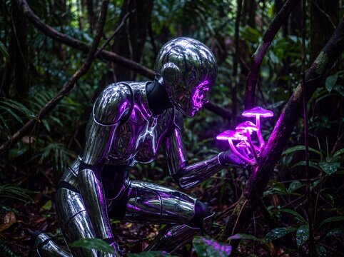 Futuristic Android Kneels in Lush Jungle, Examining Bioluminescent Purple Mushrooms