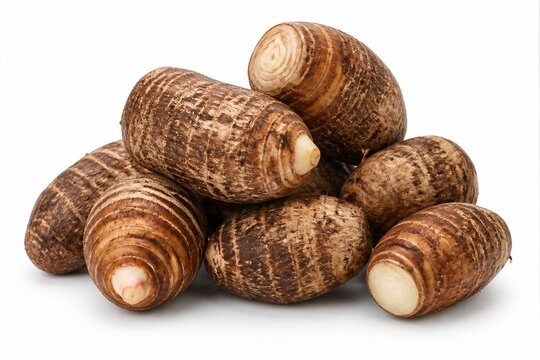 Taro roots stacked raw tubers on white studio surface