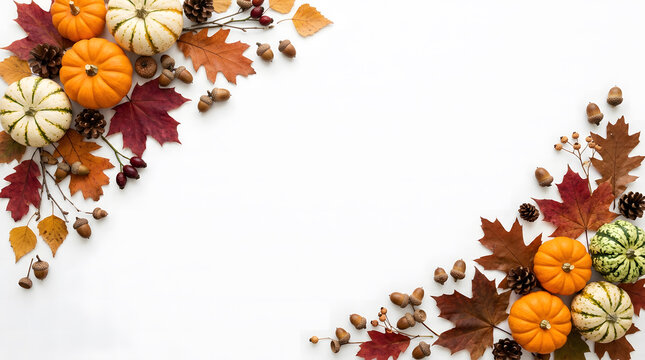 Autumn pumpkin border with fall leaves and acorns photo background