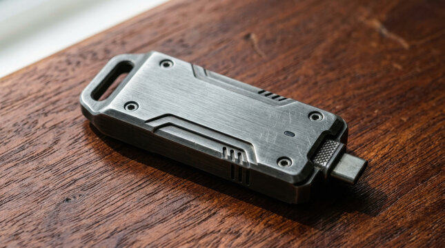 Brushed metal security dongle on wooden surface, detailed close up with tech accessory and textured finish
