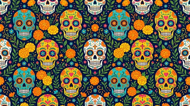 Mexican sugar skull mosaic pattern with floral details colorful skeleton tradition background
