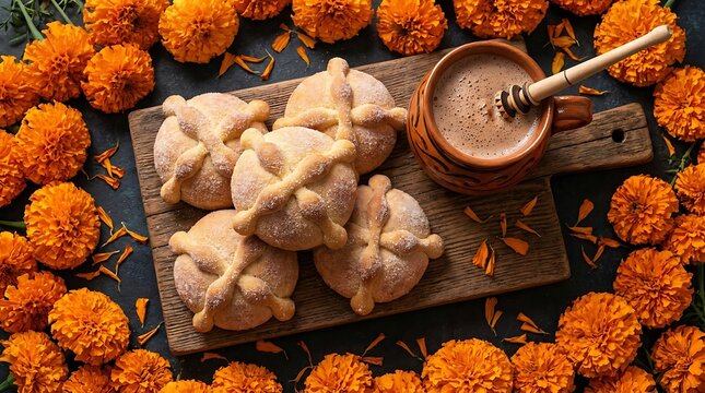 Traditional pan de muerto bread with marigold flowers and hot chocolate tradition marigold