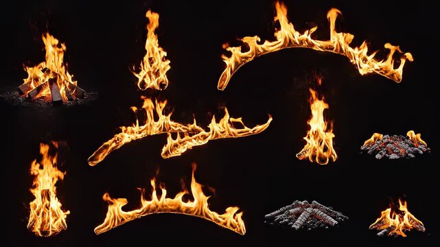Dynamic campfire flames evolving with swirling embers and bright sparks against a dark background