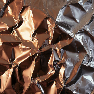 Closeup of crinkled metallic foil texture with warm and cool tones.