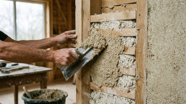Hemp lime wall plaster closeup repair in rustic interior with trowel and wood frame