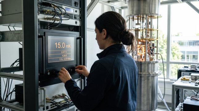 Quantum hardware temperature control lab technician adjusting cryogenic system interface in clean modern laboratory