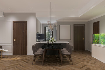 Fototapeta premium Elevate your dining experience with a stunning black dining table with comfy seating chairs