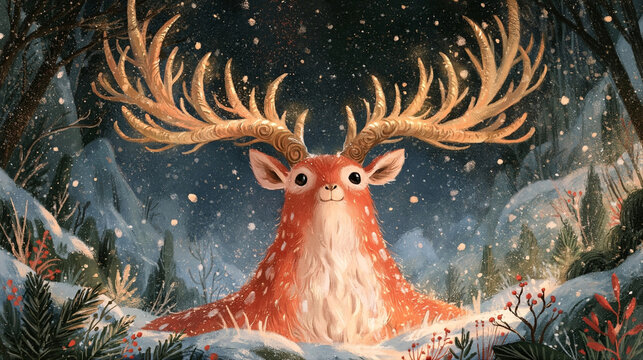 A magical deer with tree-like golden antlers against the backdrop of night winter forest. Christmas, Happy New Year decor concept. Fantasy art 