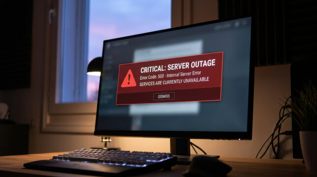 Server outage alert computer monitor error message system failure service unavailable warning icon keyboard desktop screen office desk technology