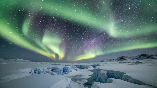 Breathtaking Aurora Borealis dancing in the starry night sky over a frozen icy landscape in Antarctica