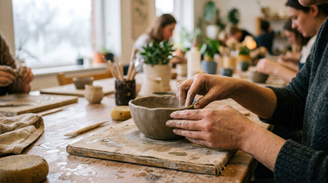 Pottery workshop craft close up hand shaping clay bowl in art studio with blurred background