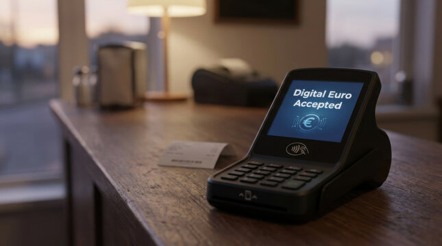 Digital euro terminal on wooden counter in warm interior light, close up payment terminal with screen