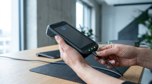 Mobile payment device handheld terminal close up card reader cable desk office hands transaction sync point of sale payment checkout contactless