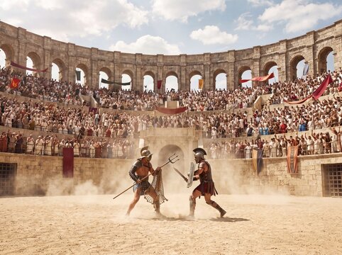 Gladiators Battle in Ancient Roman Colosseum Arena with Spectators
