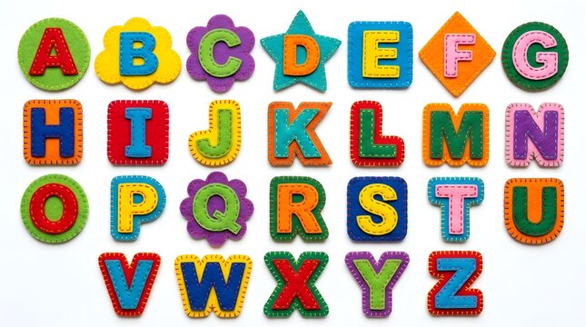 A colorful set of english alphabet letters displayed on various geometric shapes isolated on a plain white background for early childhood education concepts