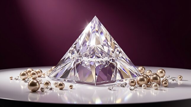 Large crystal pyramid surrounded by golden pearls and small diamonds on white round stage.