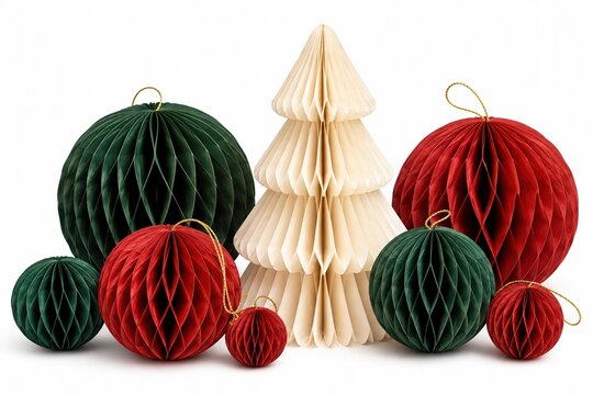 Paper honeycomb Christmas tree and ornaments in red and green colors