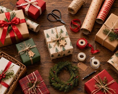 Christmas gifts and wrapping paper supplies on a rustic wooden background
