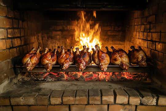 Whole chickens roasting on a spit over an open fire in brick fireplace.